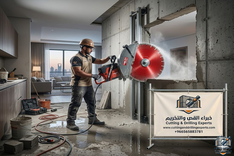 خدمة قص جدار خرساني حي النرجس بالرياض لتعديل المخططات الهندسية وتوسعة المداخل والممرات الخرسانية بأعلى مستويات الدقة والأمان